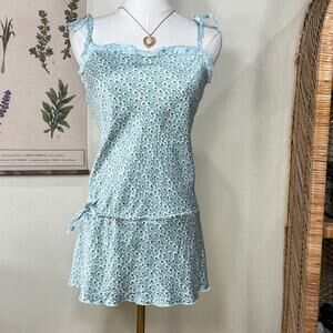 Y2k Blue Floral Silk Mini Slip Dress Coquette Dolly Garden Party Romantic S 4